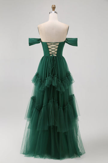 Dark Green Corset Tulle Tiered Ruffled A Line Long Bridesmaid Dress
